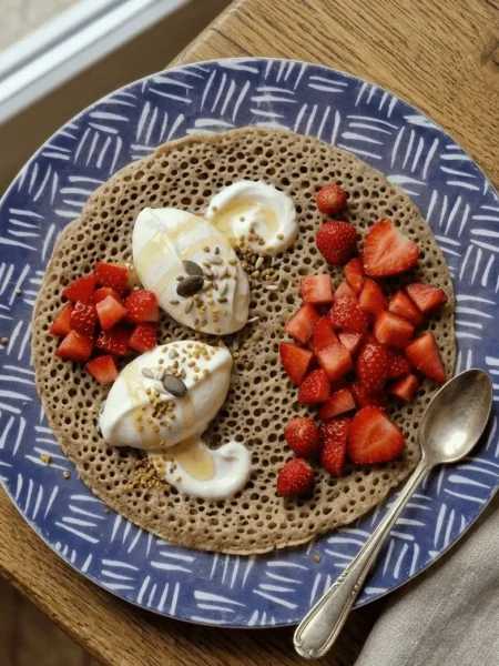 Crêpe mille-trous au sarrasin-fraises-yaourt