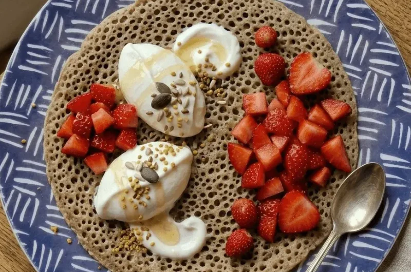 Crêpe mille-trous au sarrasin-fraises-yaourt