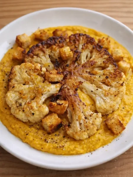 Steak de chou fleur sur purée de crotte au curry. Recette saine et rapide