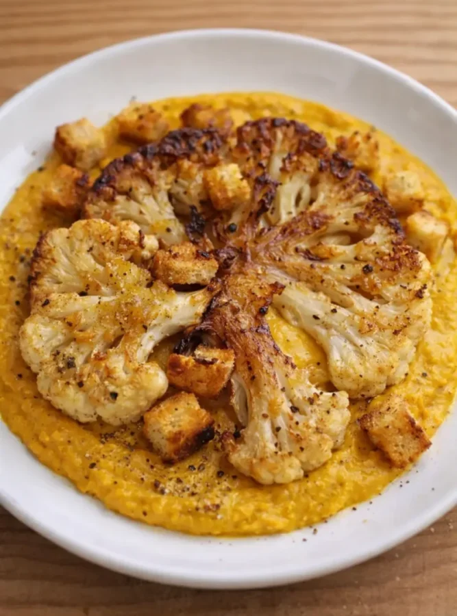 Steak de chou fleur sur purée de crotte au curry. Recette saine et rapide