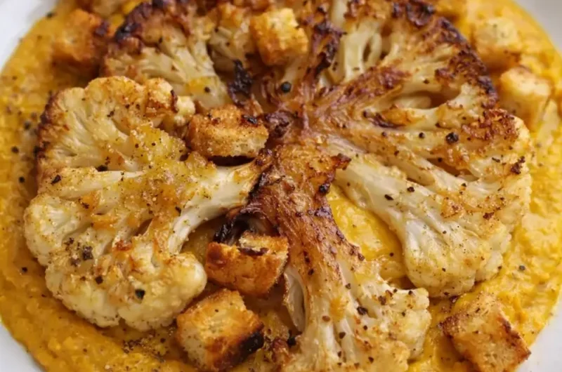 Steak de chou fleur sur purée de crotte au curry. Recette saine et rapide