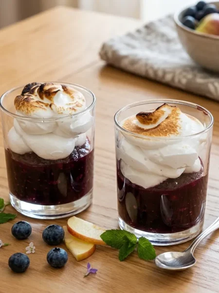 Compote pommes myrtilles meringuée. La recette légère, gourmande, économique et élégante.