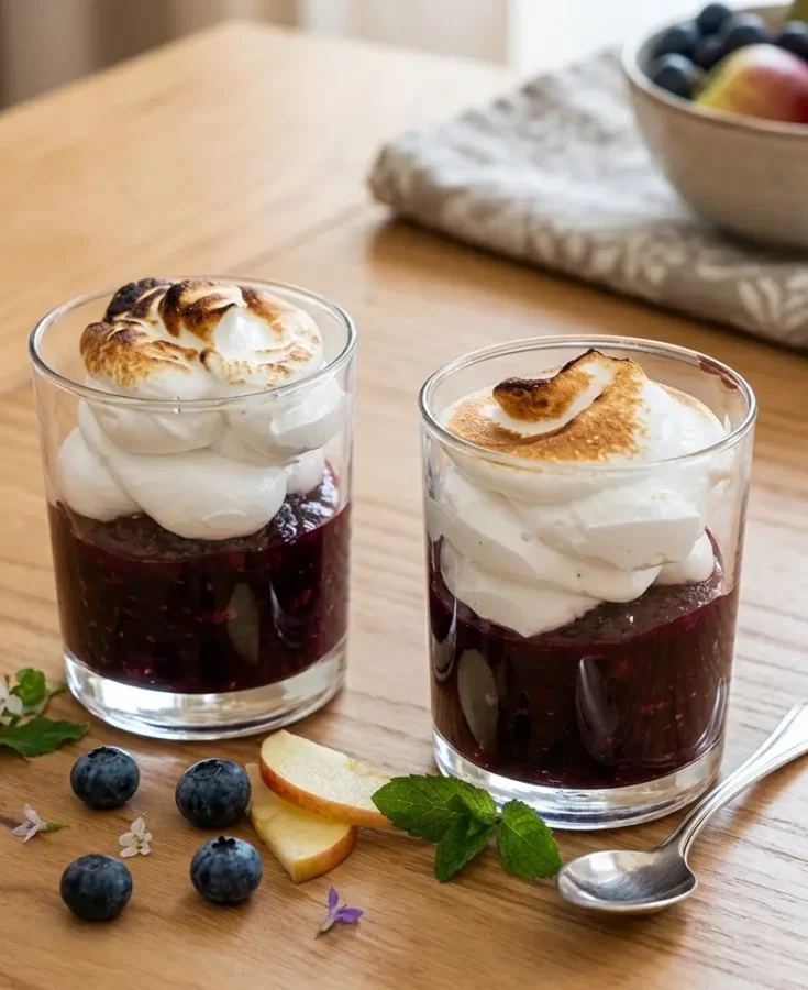 Compote pommes myrtilles meringuée. La recette légère, gourmande, économique et élégante.