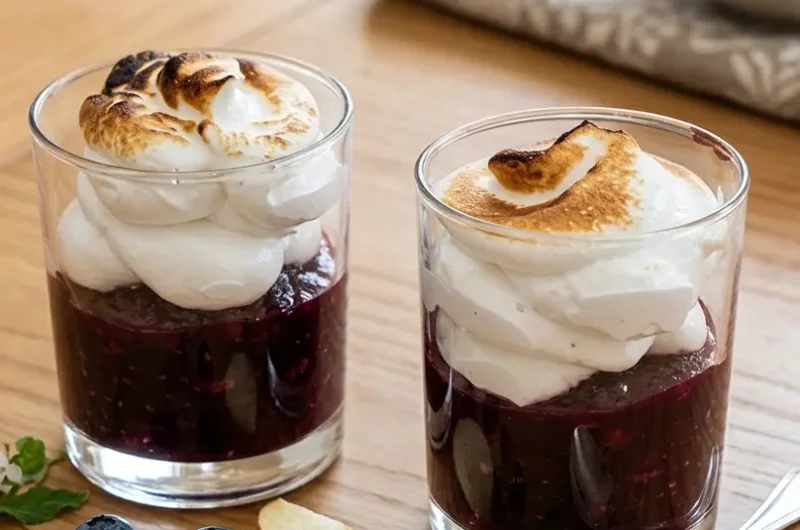 Compote pommes myrtilles meringuée. La recette légère, gourmande, économique et élégante.