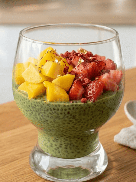 pudding de graines de chia-Matcha-mangue-fraises