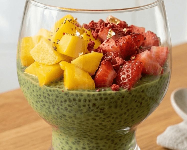 pudding de graines de chia-Matcha-mangue-fraises