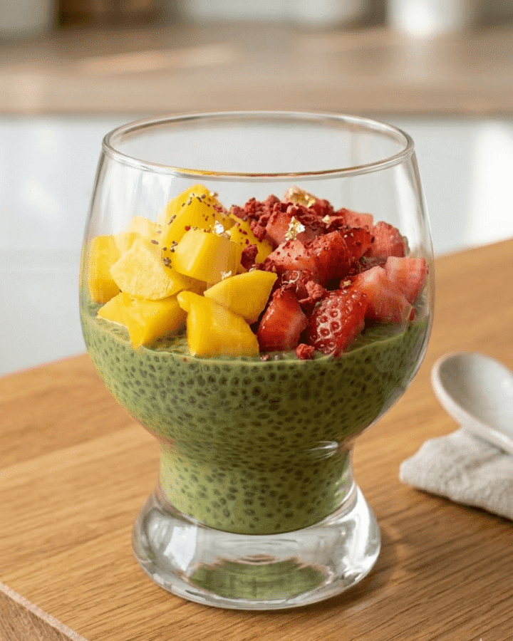 pudding de graines de chia-Matcha-mangue-fraises