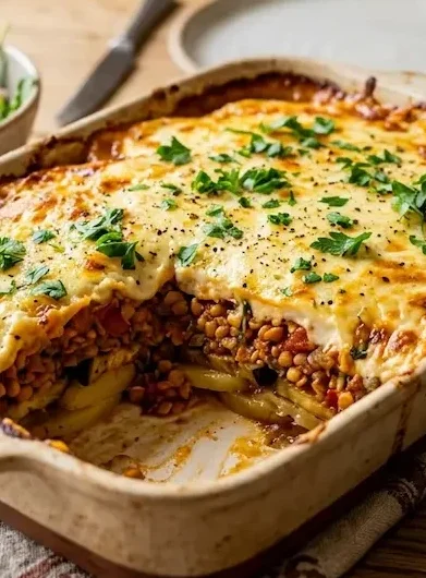 Moussaka végétarienne aux lentilles corail.