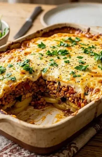 Moussaka végétarienne aux lentilles corail.