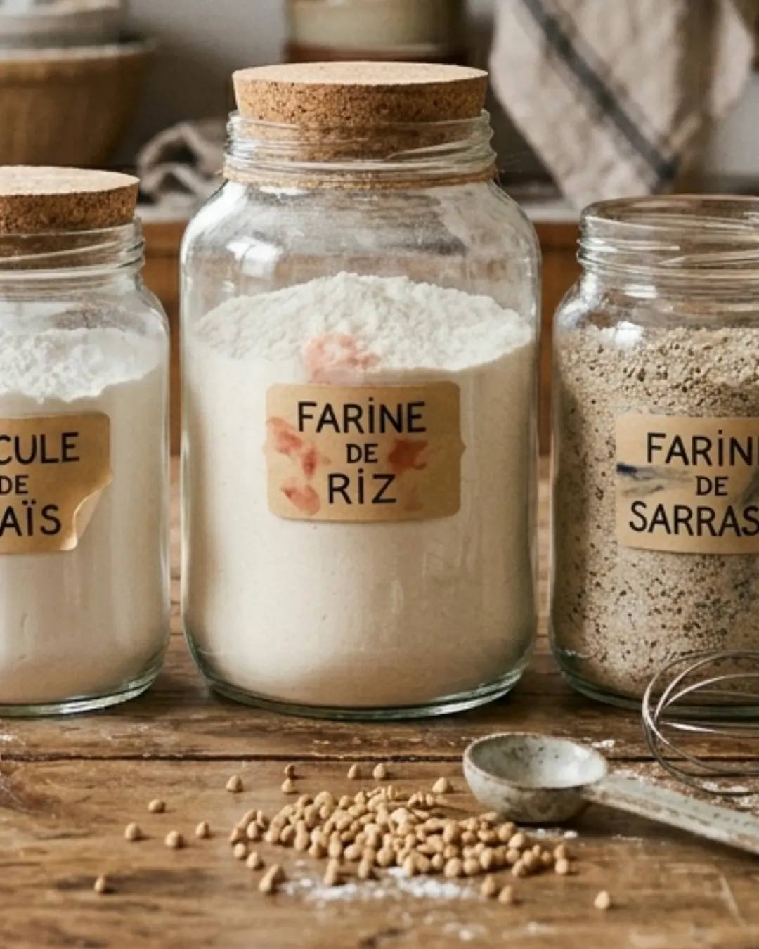 bocaux de différentes farines sans gluten