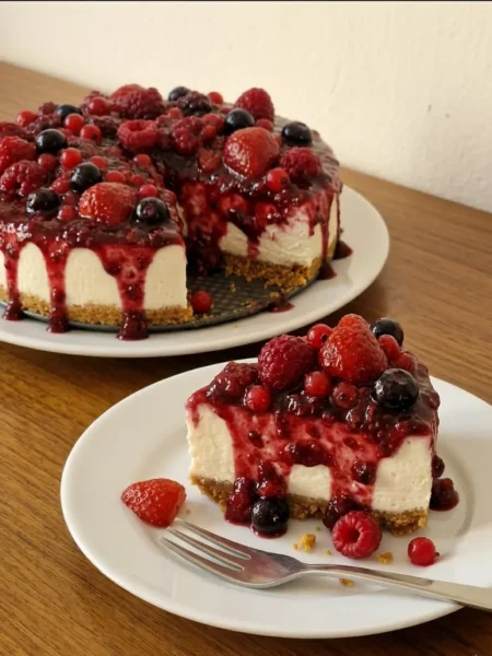 cheesecake keto sans cuisson avec coulis de fruits rouges