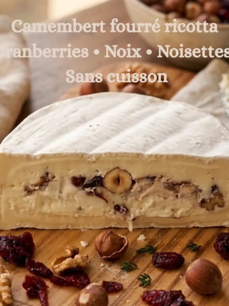 camembert fourré à la ricotta, noix et cranberries