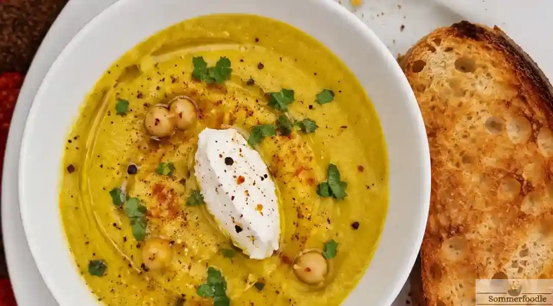 Crème de pois chiche au curcuma et quenelle de ricotta-pain grillé