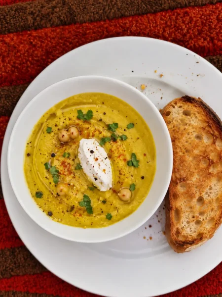 Crème de pois chiche au curcuma et quenelle de ricotta-pain grillé