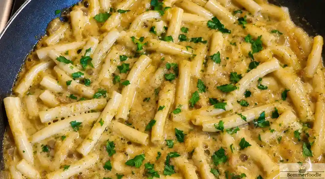 Pâtes avec une sauce aux couteaux : bouillon, beurre,ail et persil