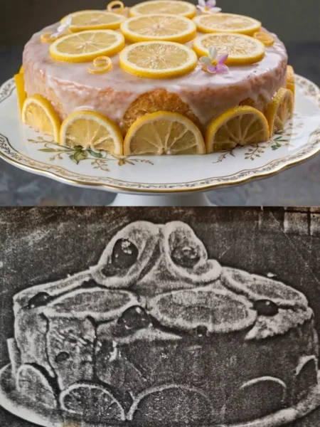 Photos de gâteaux au citron de Mouny, ma maman. Recette d'hier, une photocopie en noire et blanc et photo d'aujourd'hui.