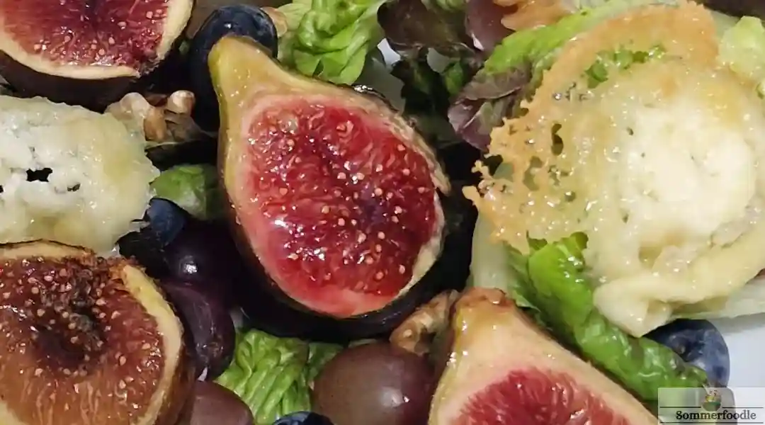 Salade figues-chèvre-raisins et myrtilles. Quelque noix et croûtons.