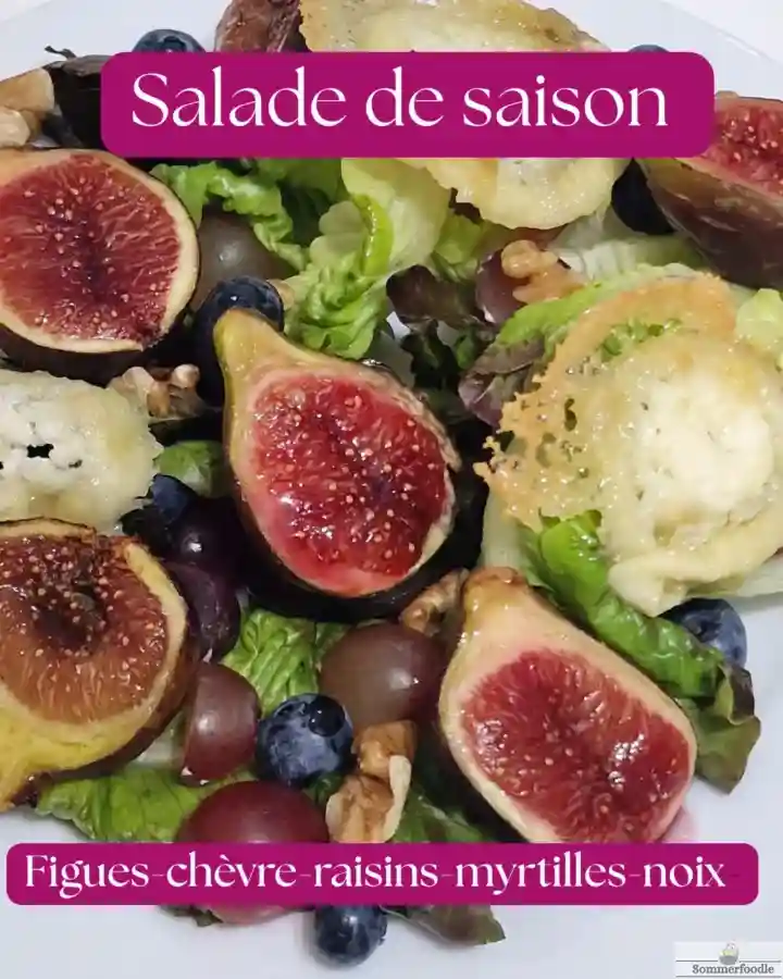 Salade figues-chèvre-raisins et myrtilles. Quelque noix et croûtons.